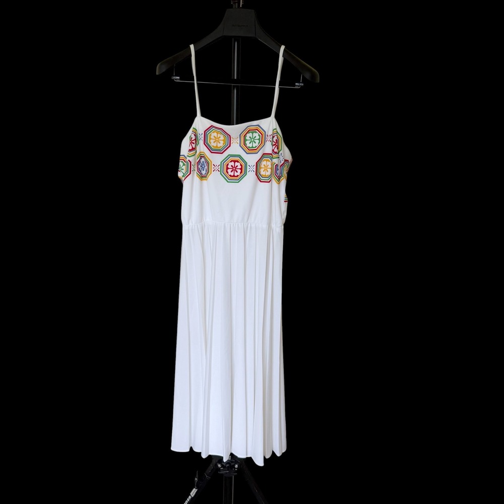 70's Alfred Shaheen Hawaii Pleated Midi Dress Floral Embroidery Boho Size 14